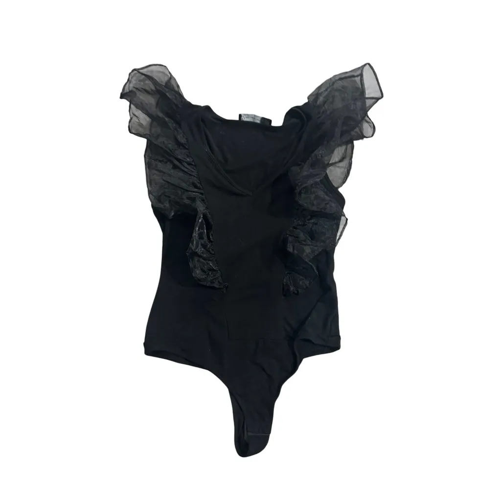 NY & CO Black Ruffle Shoulder Bodysuit Size Small - Image 6