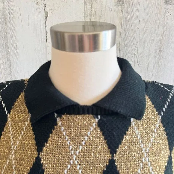 Vintage Argyle Knit Sweater Medium Preppy Classic Academia‎ Black - Image 7
