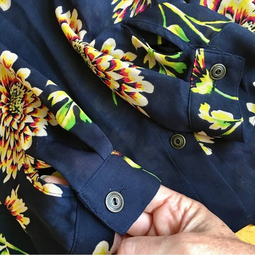 Cabi Floral, Semi-Sheer Blouse, Navy Blue, Peach Orange, Green, Size S - Image 6