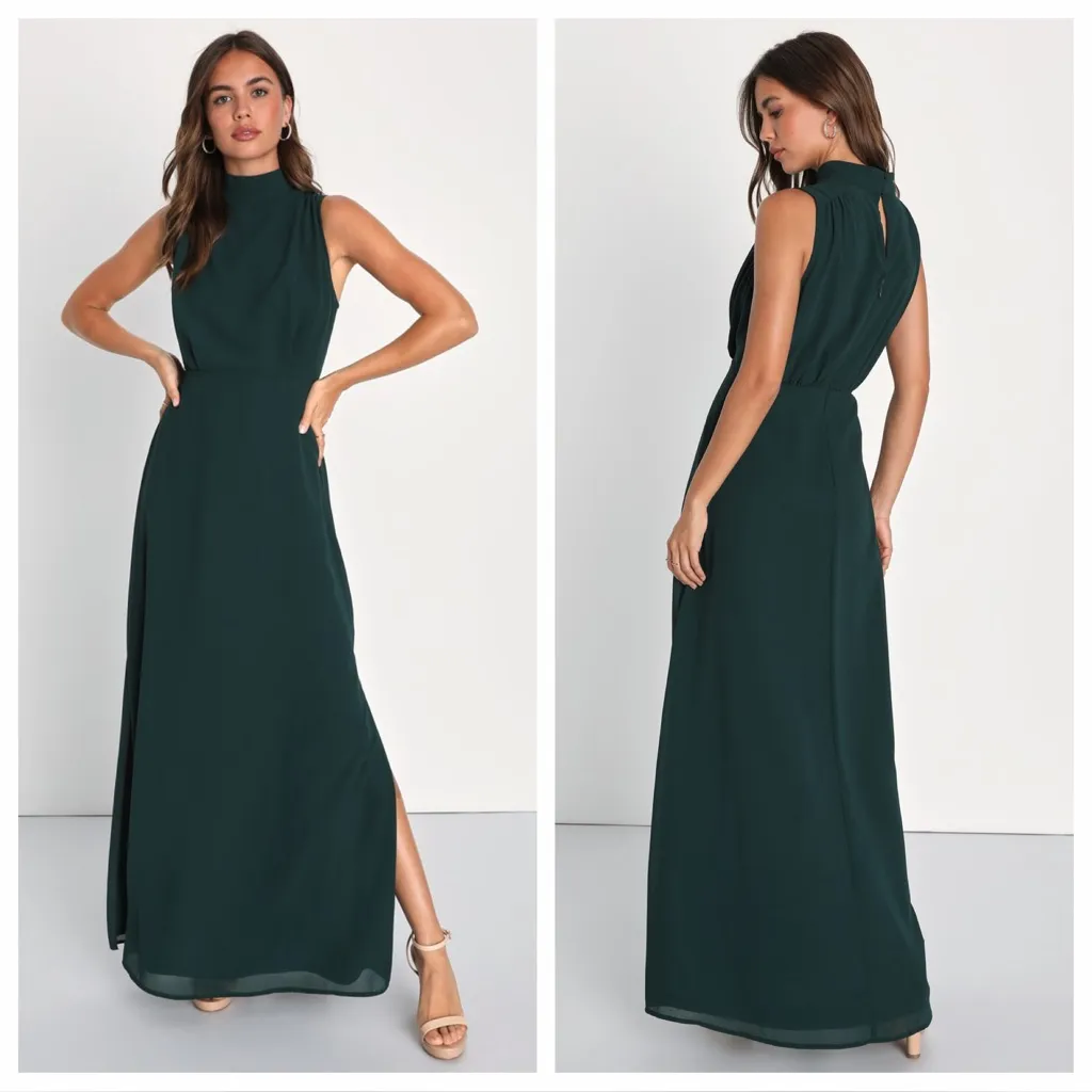 Lulus Classic Elegance Emerald Chiffon Sleeveless Mock Neck
Maxi Dress - Image 2
