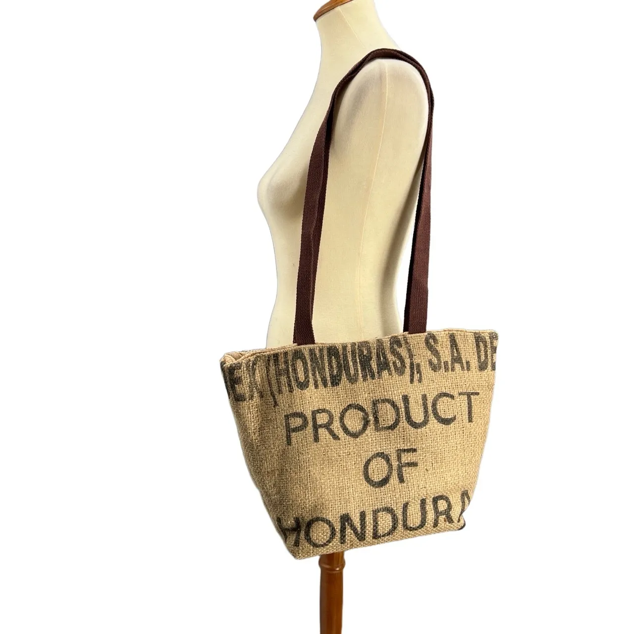 Helen Troy Bag Brown Straps Jute Printed Logo Coffee Bean Tote Style - Image 2