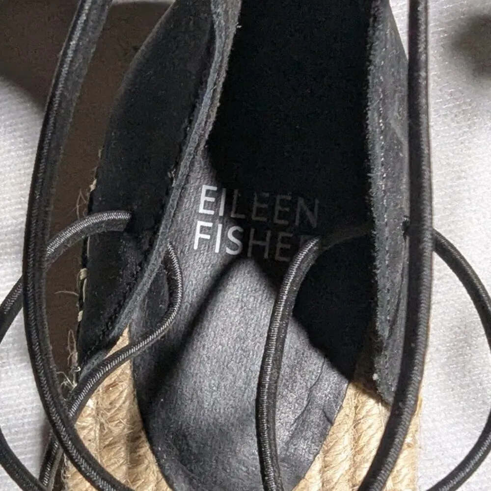 Eileen Fisher Black Nubuck Leather Lace-Up Back Zip Espadrille Sandals Sz 9.5 - Image 5