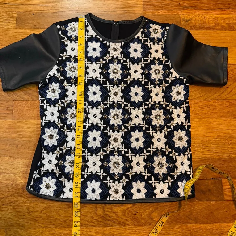 ASOS Womens 2 Pleather Faux Leather Embroidered Beaded Floral Short Sleeve Top - Image 4