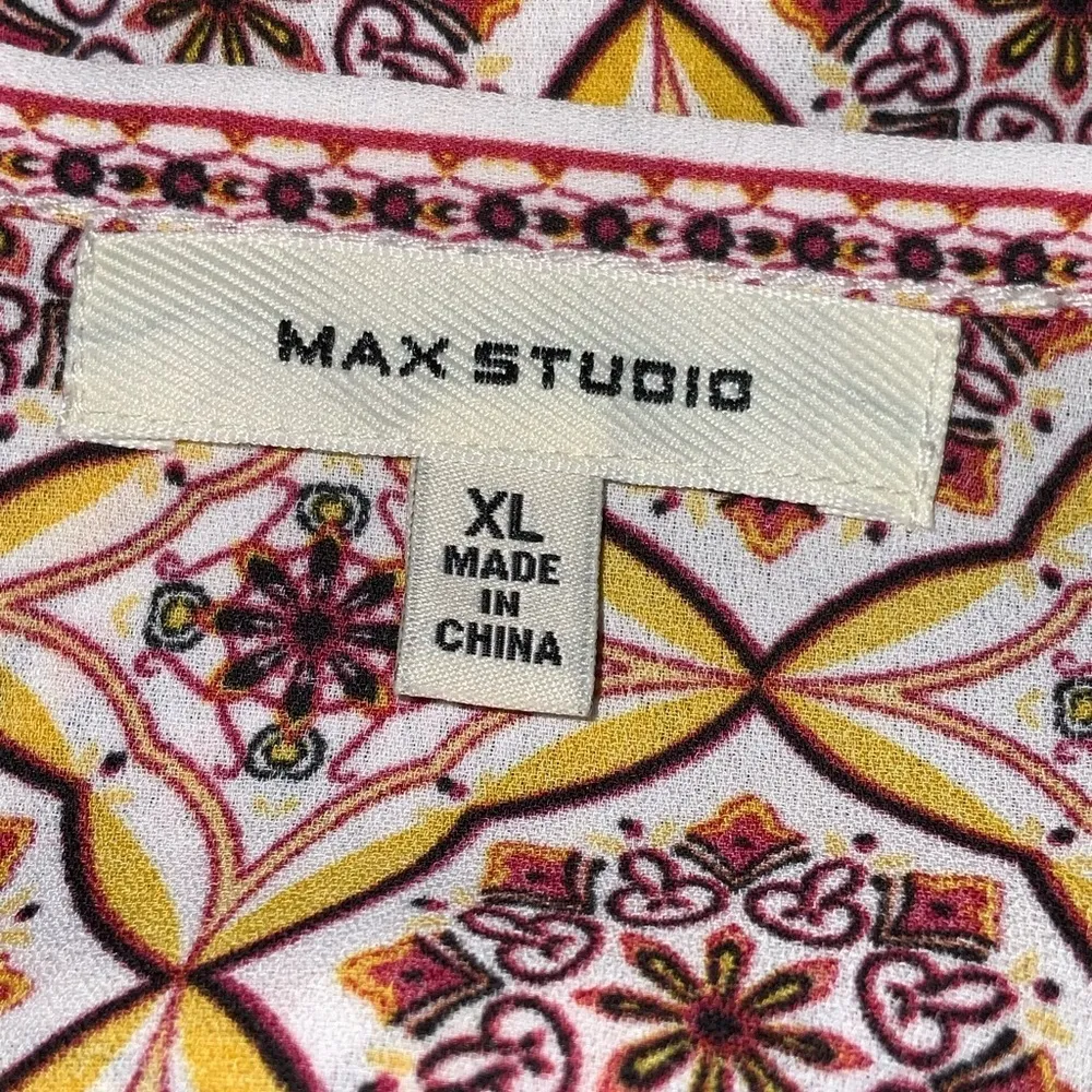 Max Studio Mustard & Purple Mediterranean Print Short Sleeve Tie Waist Top XL - Image 10