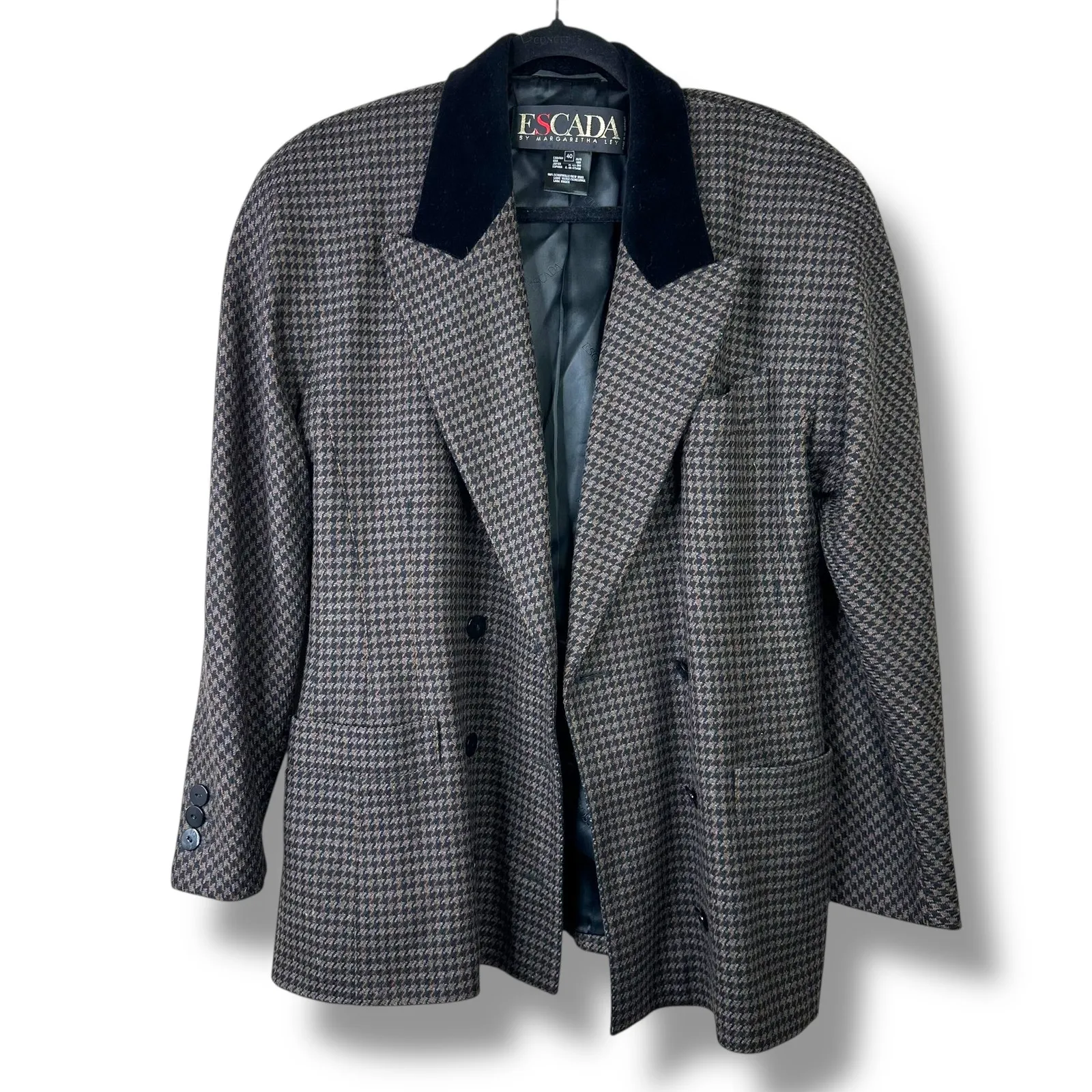 ESCADA German Luxury Black Vintage Wool Houndstooth Velvet Trim Blazer Size 40 - Image 3