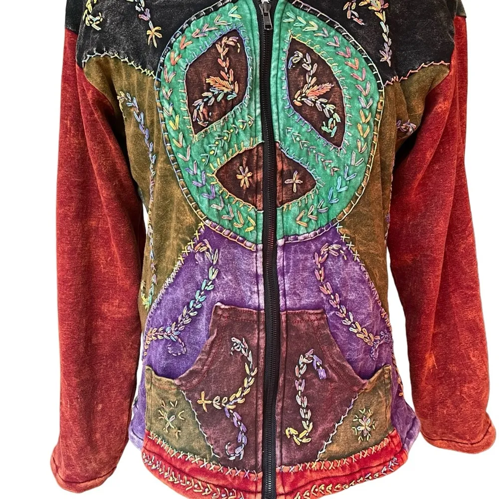 Hippie Boho Vtg Cotton Embroidered Fleeced Lined Hoodie Hand Made in Nepal,Sz XL - Image 8