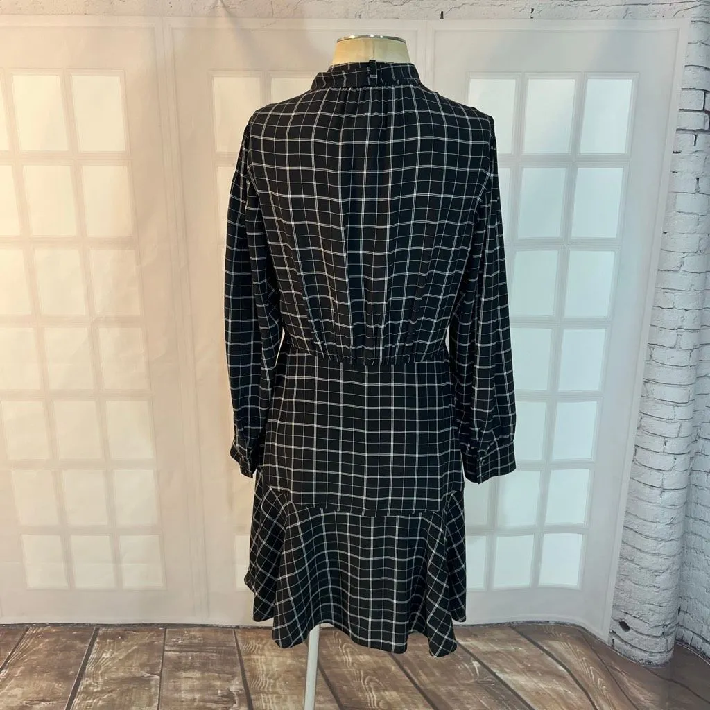 Rebecca Taylor Black Plaid Bow Tie Neck Long Sleeve Mini Silk Dress Size 8 - Image 6