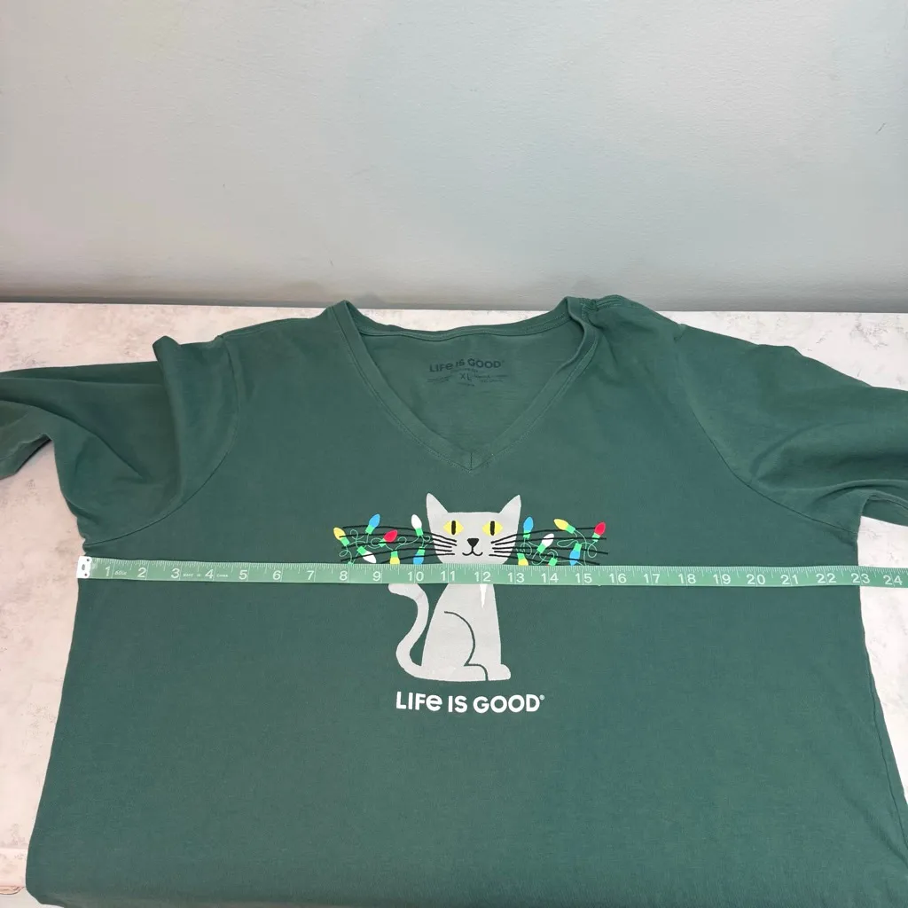 Life is Good Green Cat Christmas Lights Long Sleeve Crusher Tee XL - Image 7