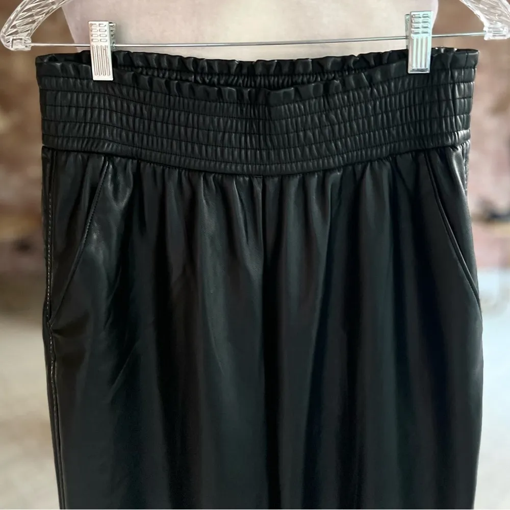 Joie Pants Faux Leather Smocked High Waist Straight Black Trousers 6 Pull On - Image 3