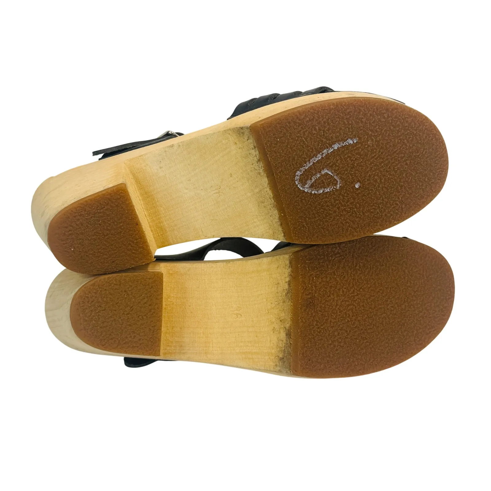 Swedish Hasbeens Toffel Black Leather Clog Sandals EU36 Wood Heel Sweden Size 5.5 - Image 4