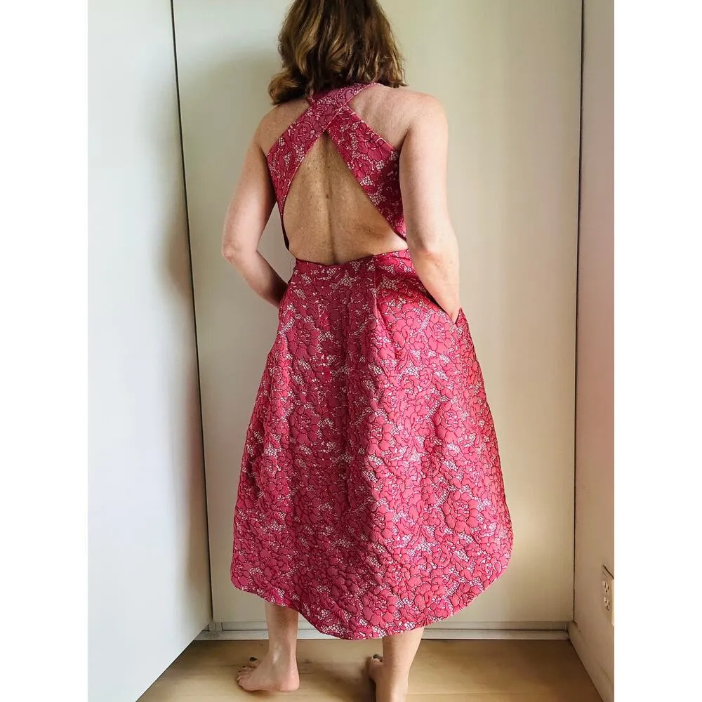 ML Monique Lhuillier Lace Pattern High Low Formal Dress Red white SZ SM Pockets - Image 5