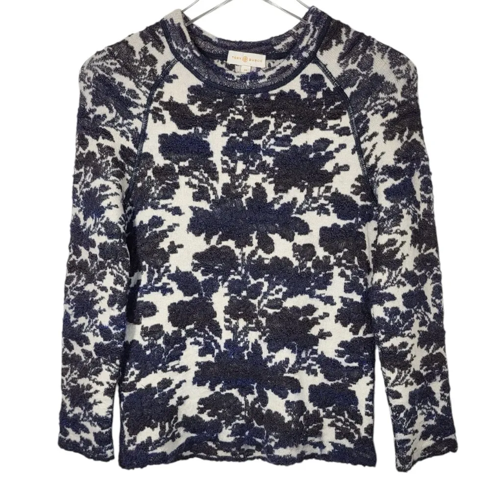 Tory Burch Wool Mohair Blend Floral Jacquard Sweater in Cream/Black/Navy - Image 8