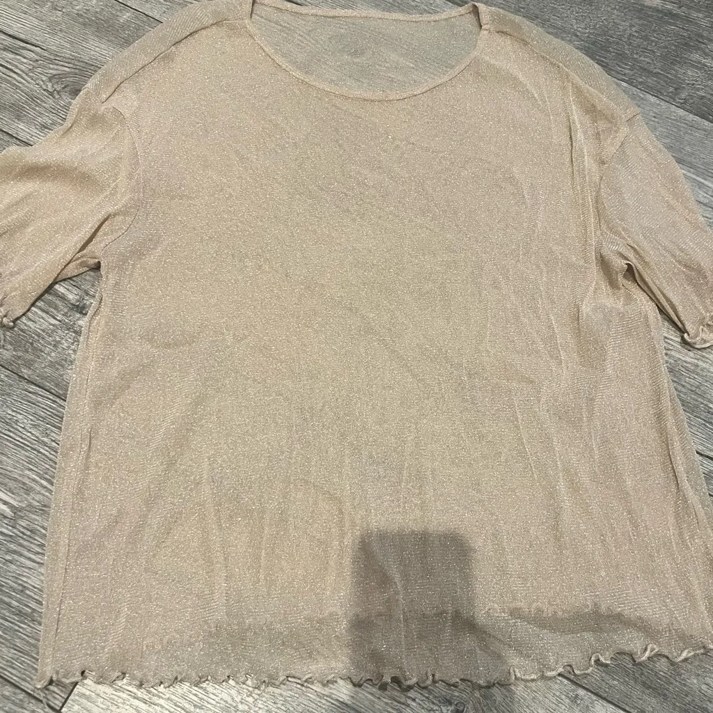 Elegant Gold Tan Glitter Simmering Sheer Top Womens Plus Size Short Sleeves 3XL - Image 2