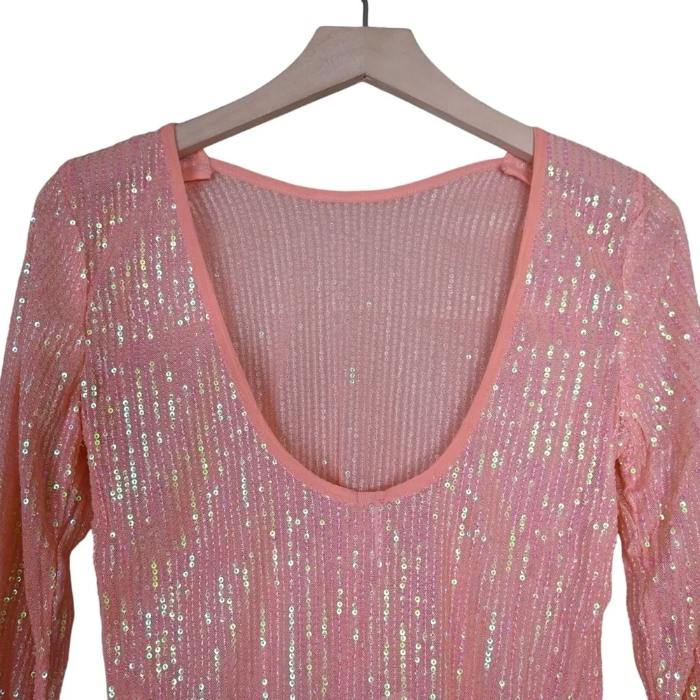 Free People Womens S Unapologetic Sequin Long Sleeve Top in Peach NEW - Image 6