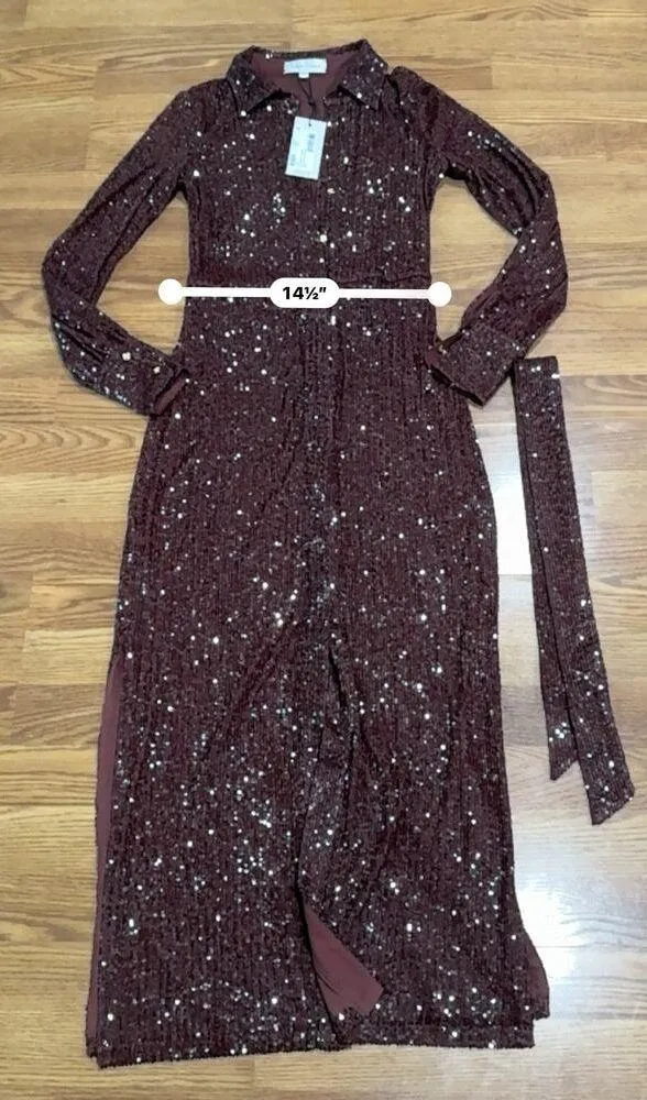 Cara Cara Margaret long sleeve sequin shirtDress in Rum Raisin Sequin size XS - Image 5