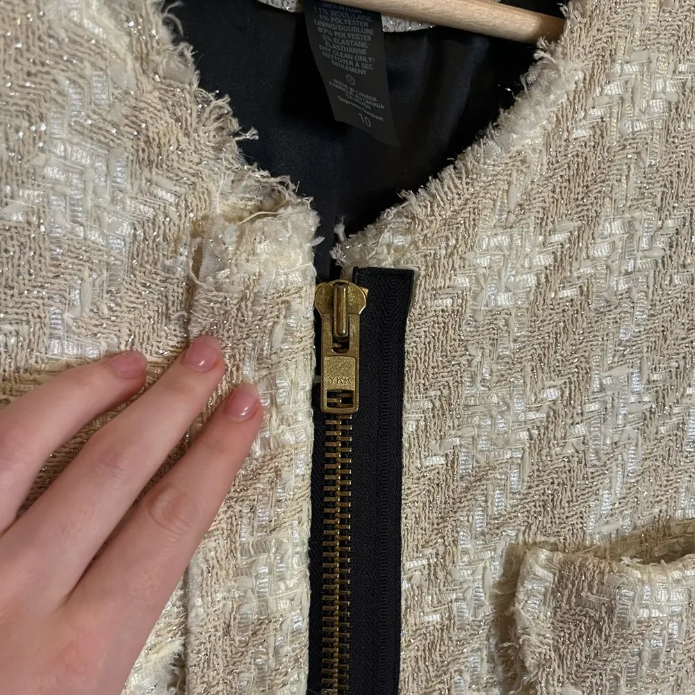 Smythe Cream Tweed Houndstooth Blazer Tan Size 10 - Image 6