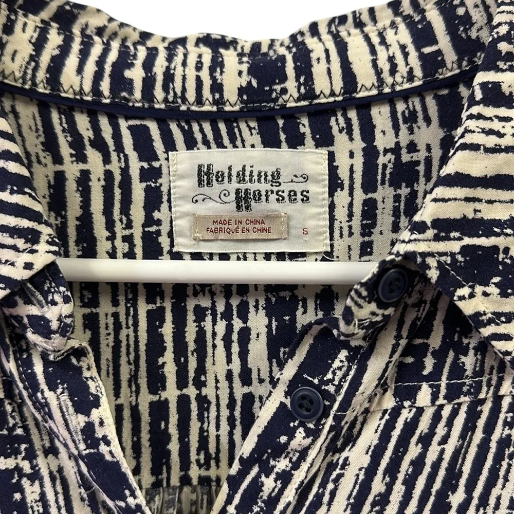 Anthropologie Holding Horses Navy Cream Button Up Long Slv Double Pocket Blouse - Image 12