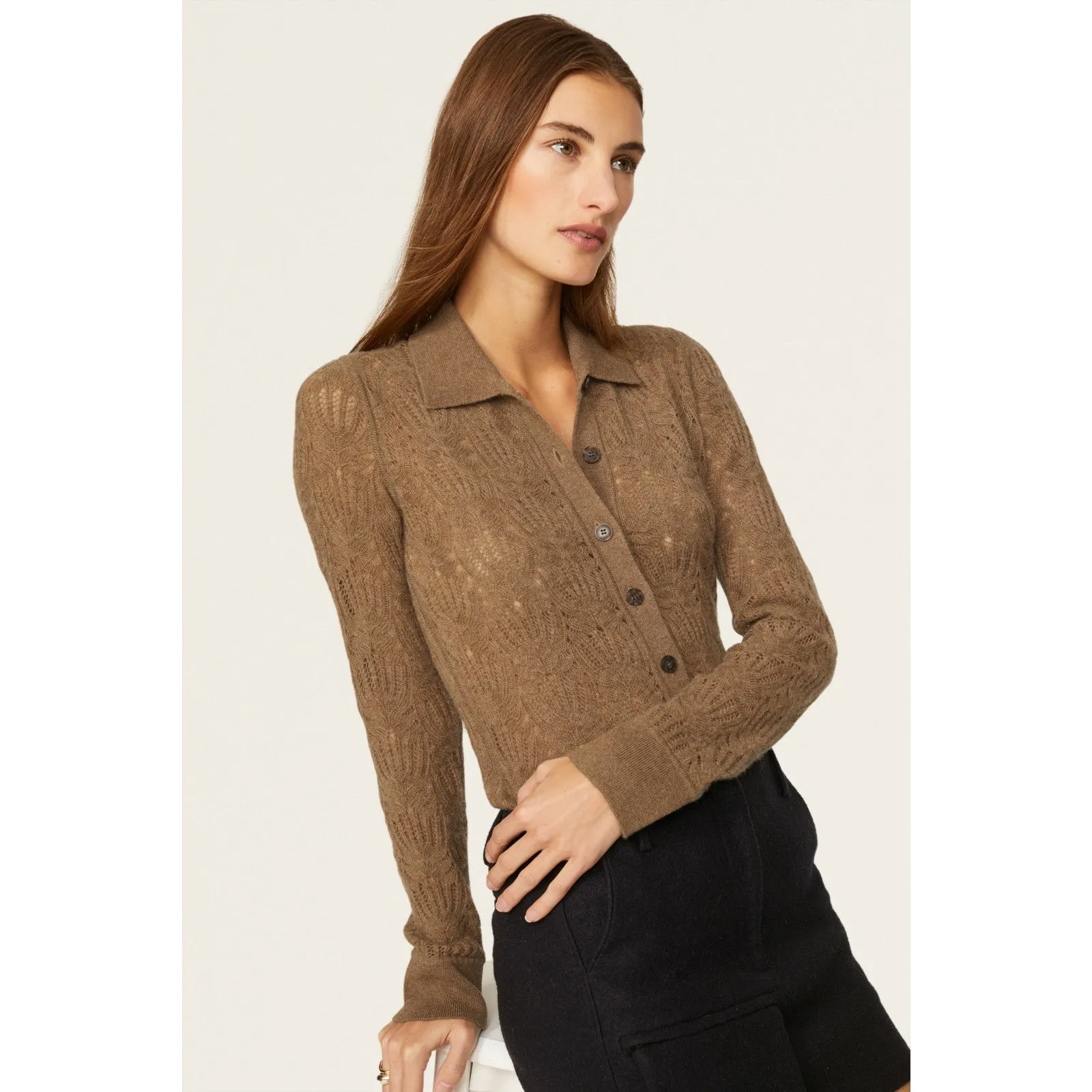 NAADAM Brown Pointelle Wool Cashmere Knit Button Down Sweater size Medium - Image 14