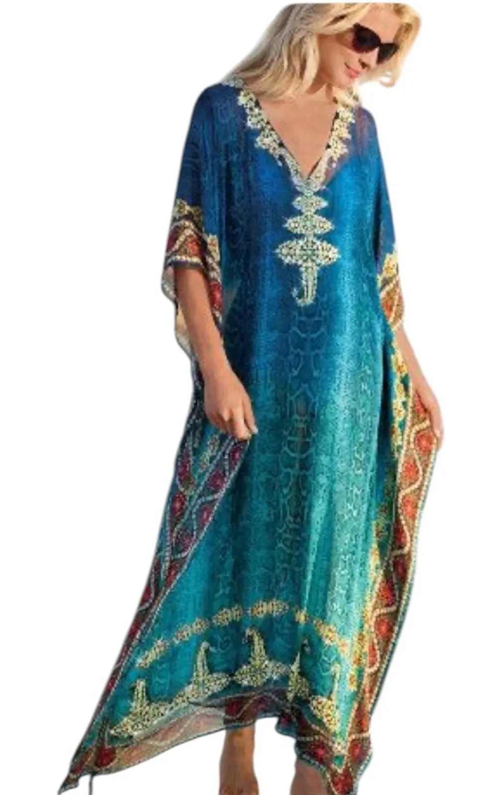 Soft Surroundings Blue Chrystal Embellished V-Neck Kaftan Loungewear Pool Cover - Image 1