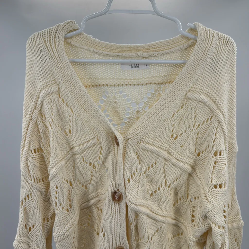 TALULAH Cream Open-Knit Women's  cropped cardigan L slouchy oversized sleeves - Image 7