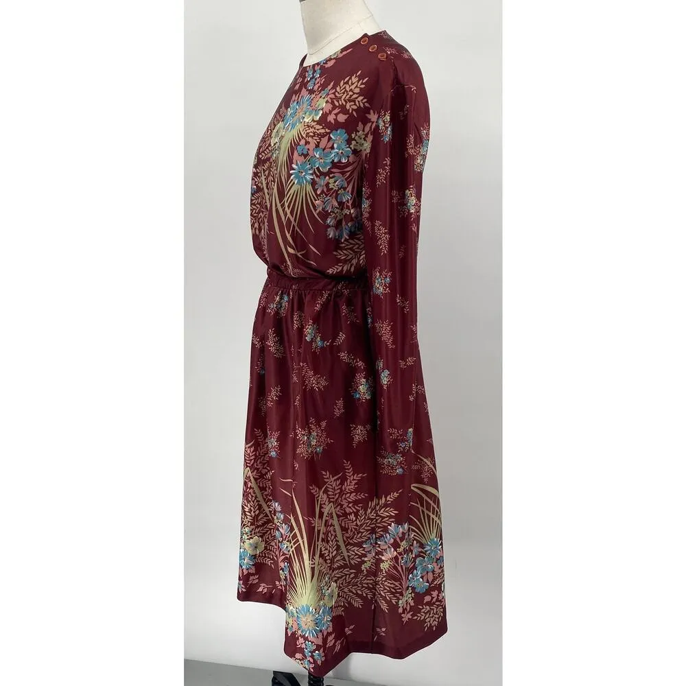 Vintage 70s Floral Print Matching Skirt Set Button Neck Tunic Midi Maroon Small Red - Image 5