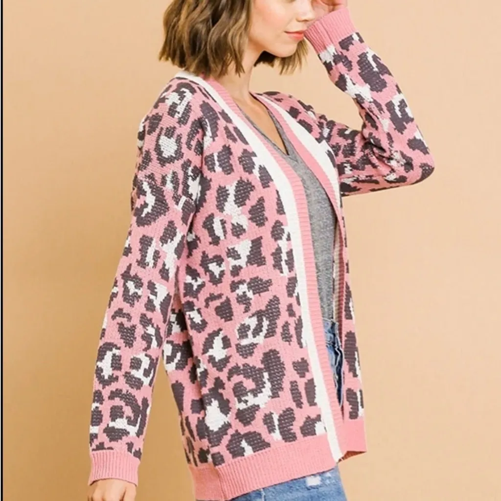 Umgee Pink and White Cardigan Sweater with Leopard Print Art Teacher Cozy - Image 2