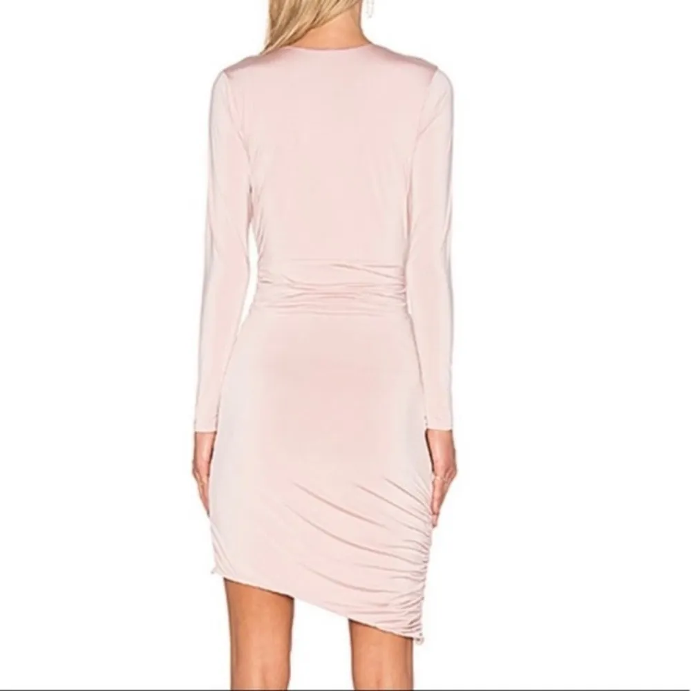 NBD Coco Mini Dress Bodycon Deep V Neck Long Sleeve Ruched Pink Nude - Image 3
