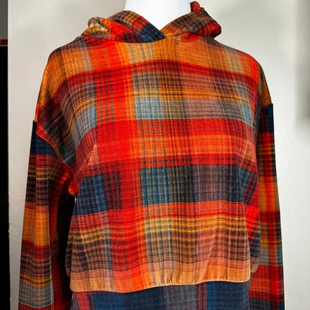 TOPSHOP Orange Plaid Velour Cropped Hoodie Sweatshirt Size2 - Image 4