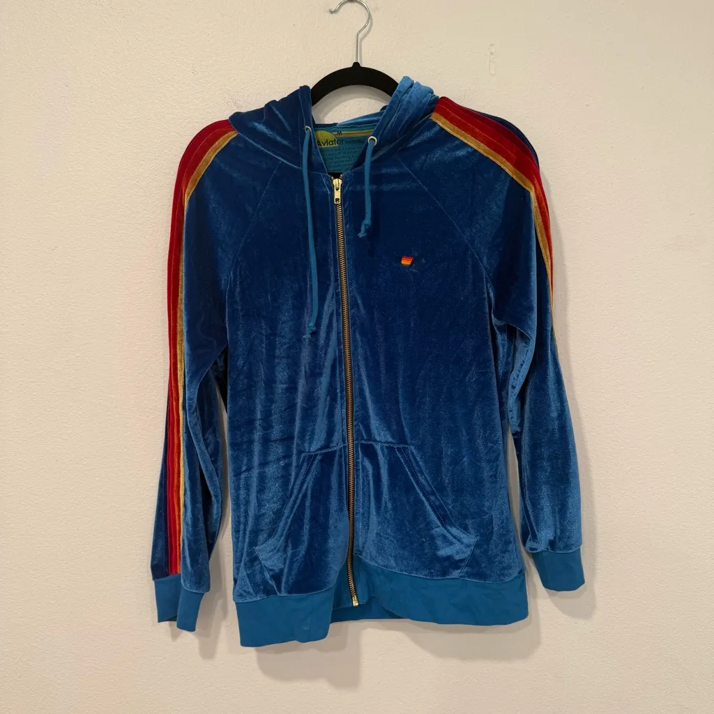 Aviator Nation Classic Blue Velvet Relaxed Zip Hoodie Rainbow Stripes M - Image 2
