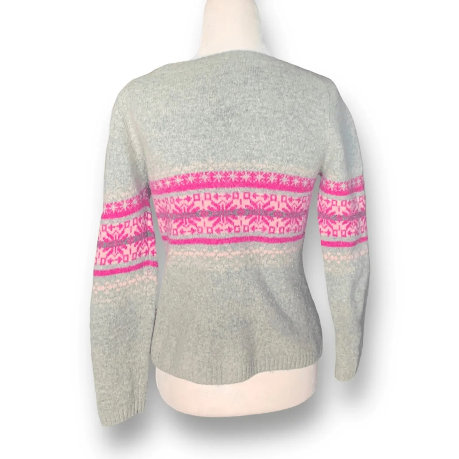 Outventure Sweater Gray Pink Fair Isle Snowflake Knit Crewneck Wool Blend Size 2 - Image 3