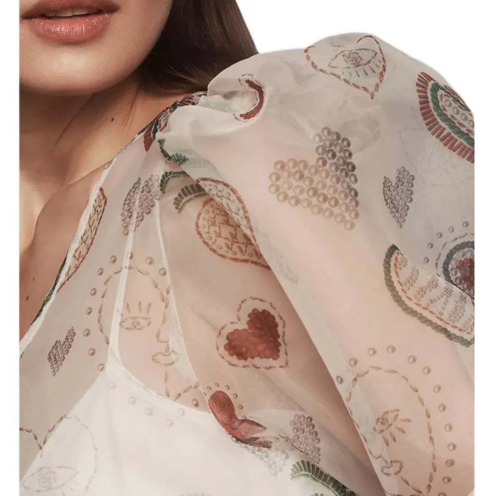 FARM Rio Anthropologie Heart Print Similar Sheer Puff Sleeve Mini Dress Size Sm - Image 4