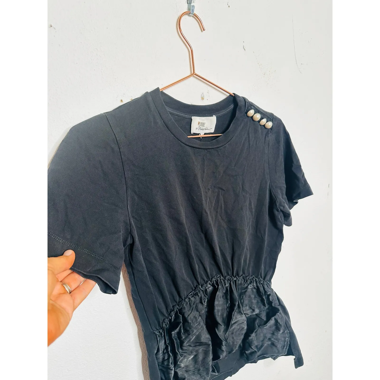 3.1 PHILLIP LIM Black Jersey Material 100% Cotton Pearl Embellished T-Shirt XS - Image 3
