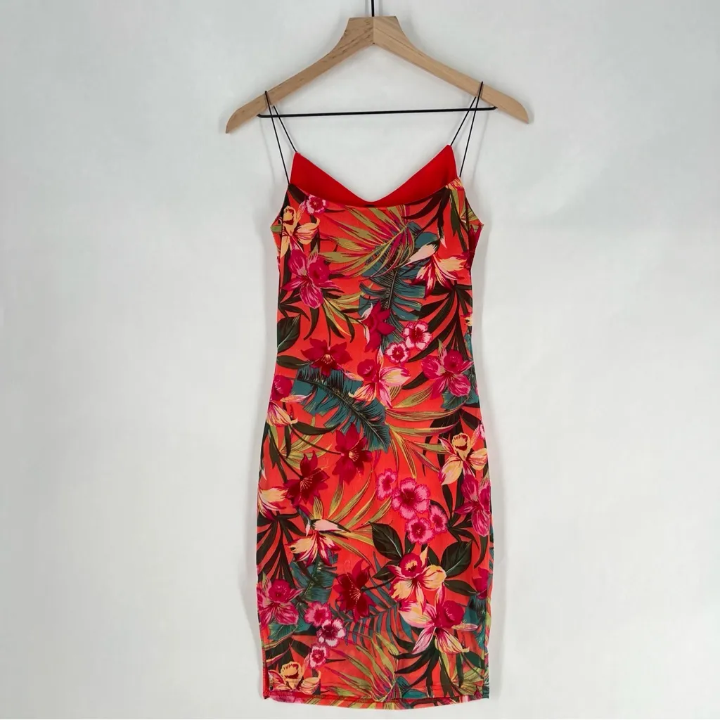 Papaya Coral Green Mesh Tropical Floral Print Spaghetti Strap V-Neck Mini‎ Dress - Image 6