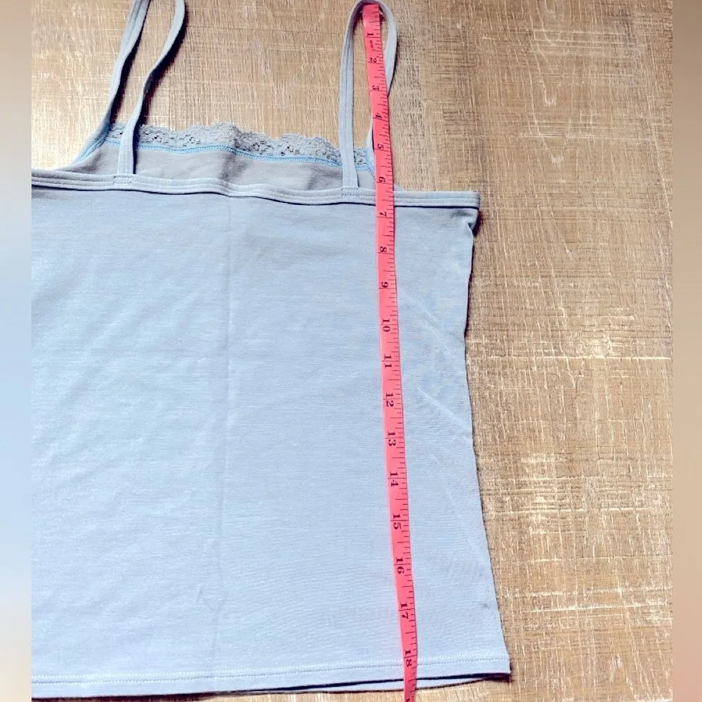 Y2K Vintage Lace Trim Camisole Tank Womens S Cami Cami Top Skinny Straps Fitted Blue - Image 6