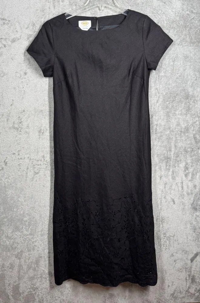 Talbots Dress Black Irish Linen Floral Embroidered Maxi Minimalist Size 8 Petite - Image 2