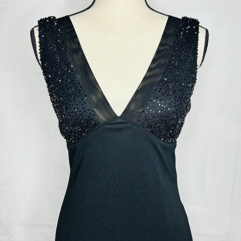 Cache Black Cocktail Dress 90s Y2K Black Sz 2 Beaded Top Vintage V-Neck - Image 2