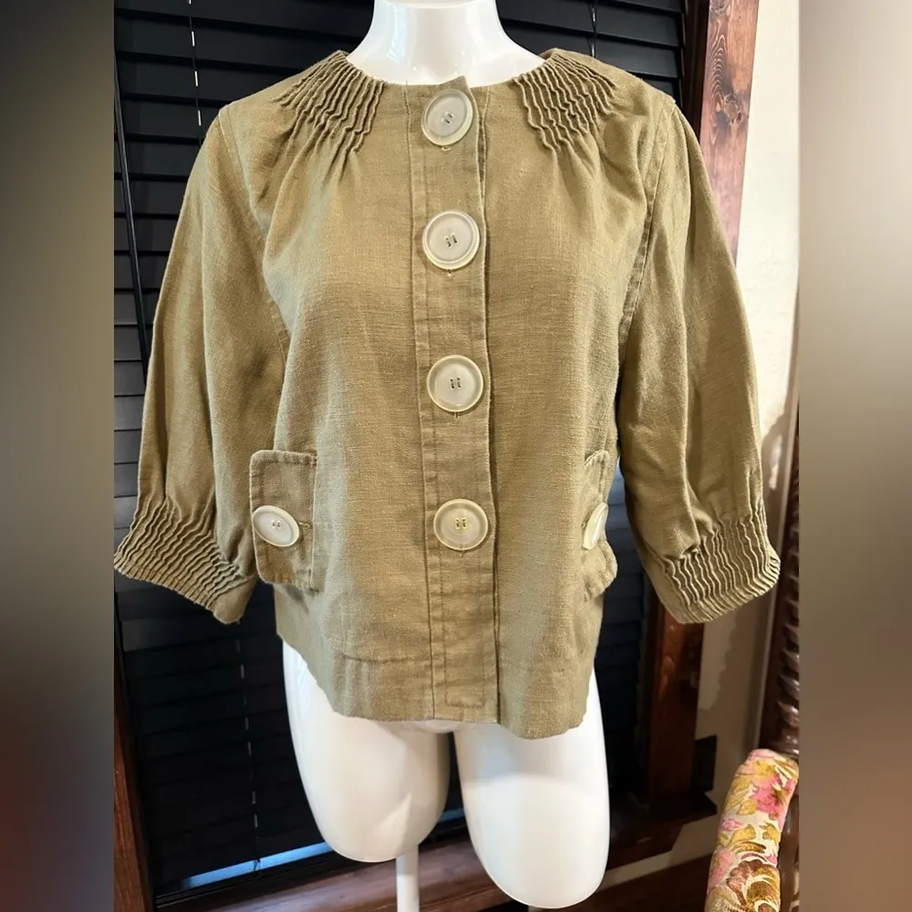 NWOT Live A Little Linen Olive Green Crew Neck Balloon Sleeve Casual blazer Sz M - Image 2