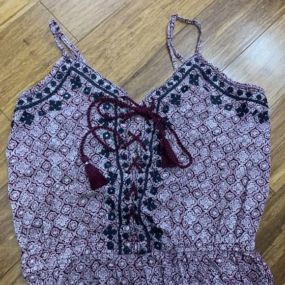 American Eagle Romper Womens‎ XS Red Boho Print Lace Up Tassel Detail Summer - Image 2