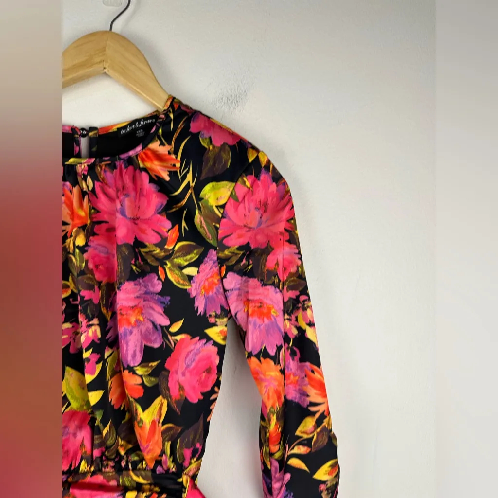 For Love and Lemons Dakota Black Floral Satin Long Sleeves Ruffle Dress Sz XXS - Image 5