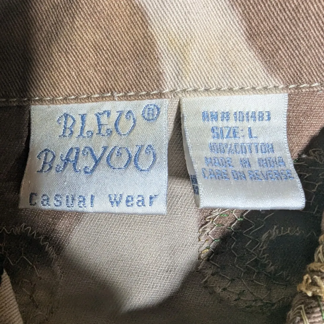 Vtg Y2K Bleu Bayou Beige Orange Floral Embroidered Cotton Trucker Jacket Sz L Tan Size L - Image 4