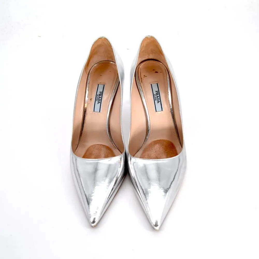 PRADA Silver Metallic Pointed Toe Pumps Stiletto High Heels Leather Size 39 - Image 3