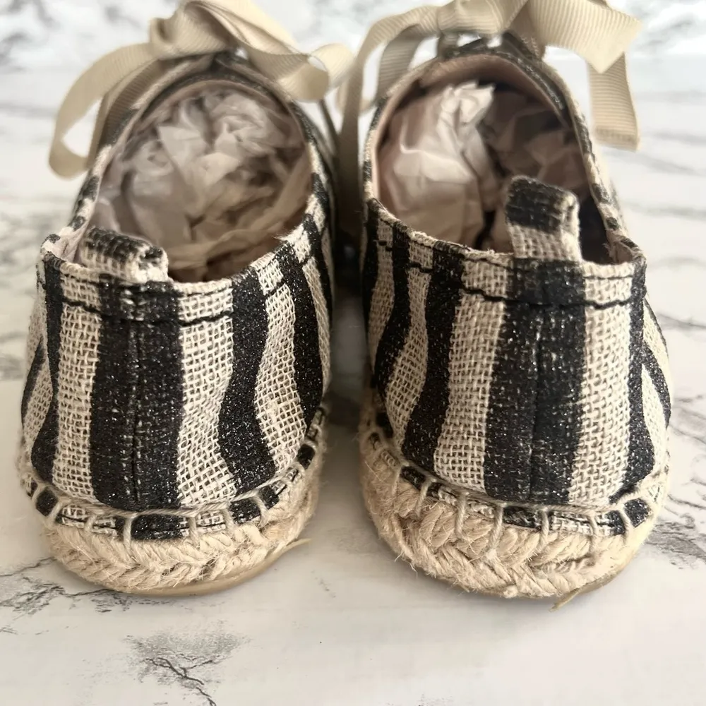 Kate Spade Lina Espadrille Flats Striped Metallic Black Beige Jute 8.5 Canvas - Image 8