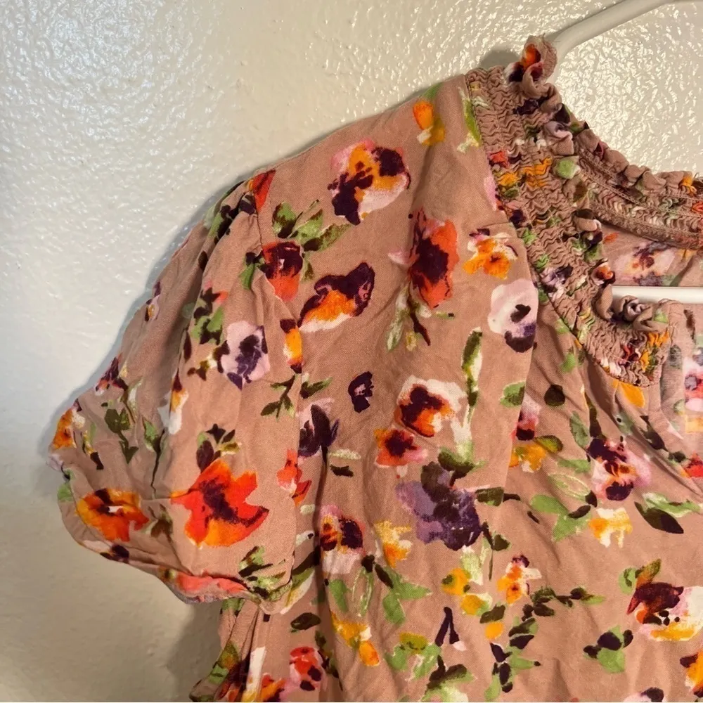 Evri Split Neck Blouse Beige Floral Tan Size 0X - Image 4