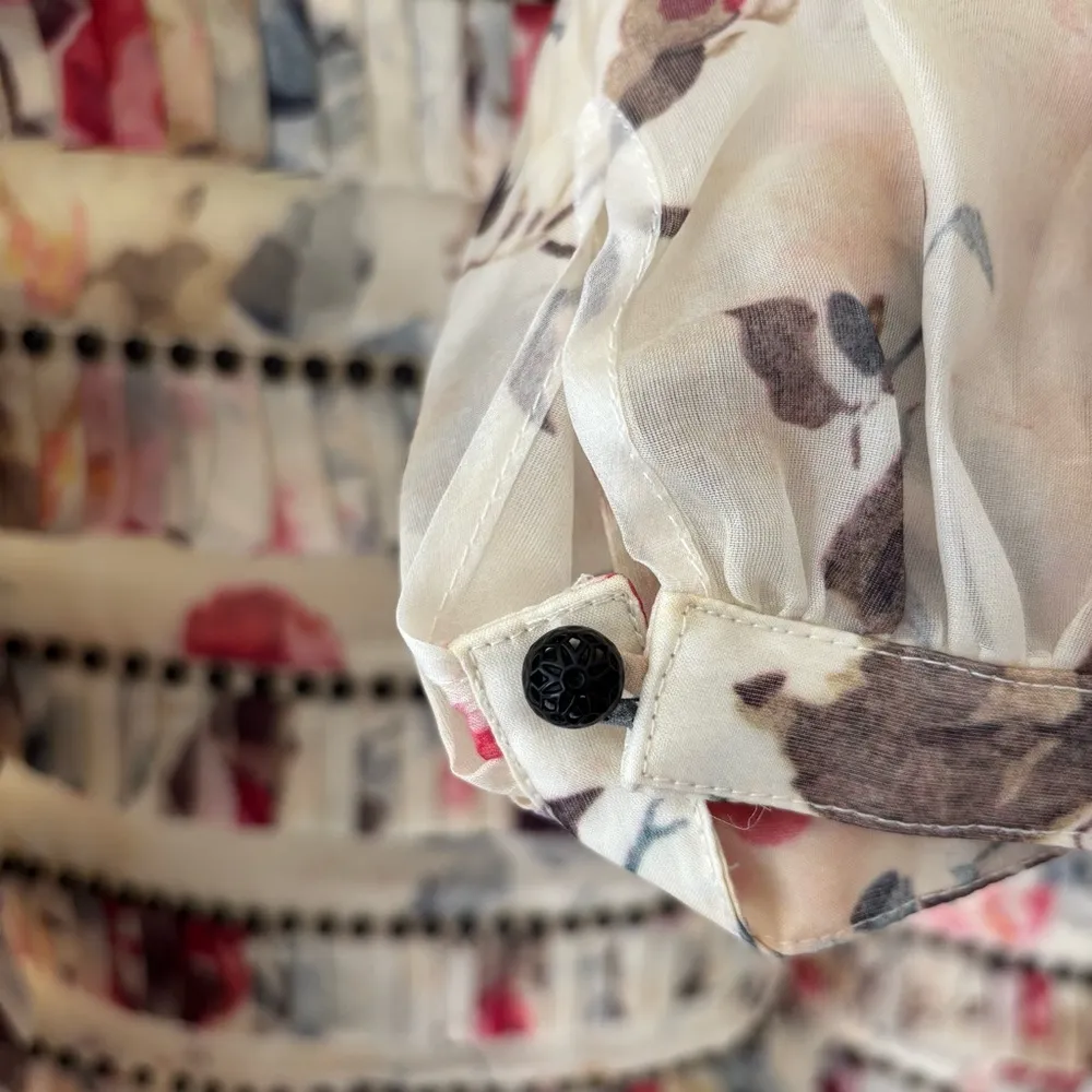 Cream and Red Floral Ruffle Blouse with High Collar - Image 9