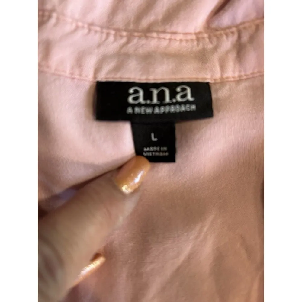 A.n.a Pink Button Up Long Sleeve‎ Shirt Pocket Size Large Rayon - Image 5