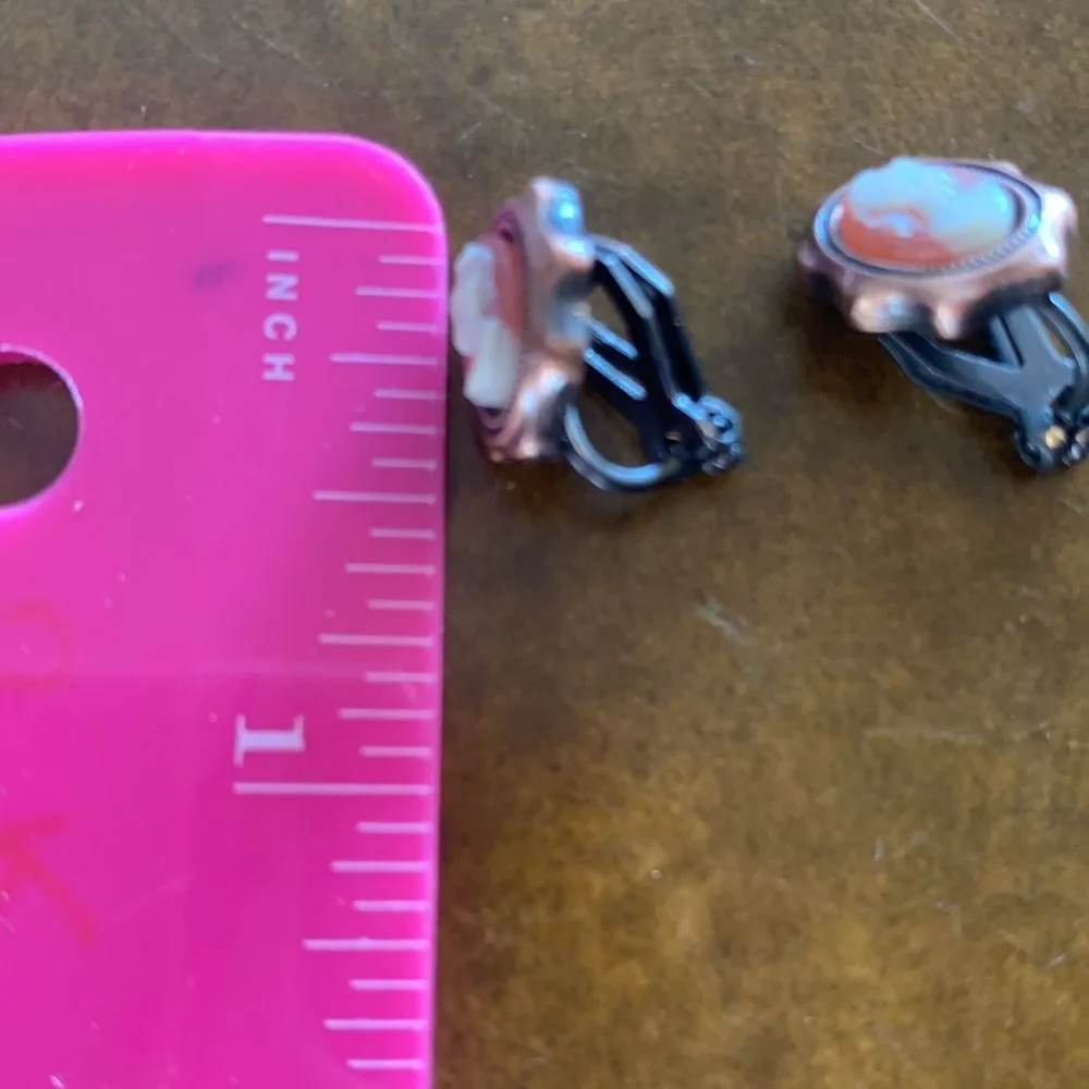 Small Vintage Copper framed Cameo Clip Earrings Orange - Image 4