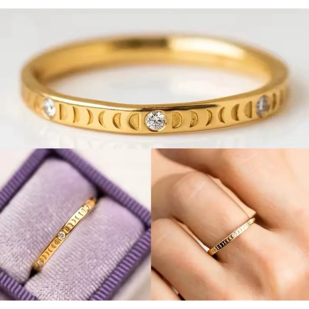 NEW Unisex 14k Gold Plated Engraved Moon‎ Simulated Diamond Ring Sz 7 - Image 12