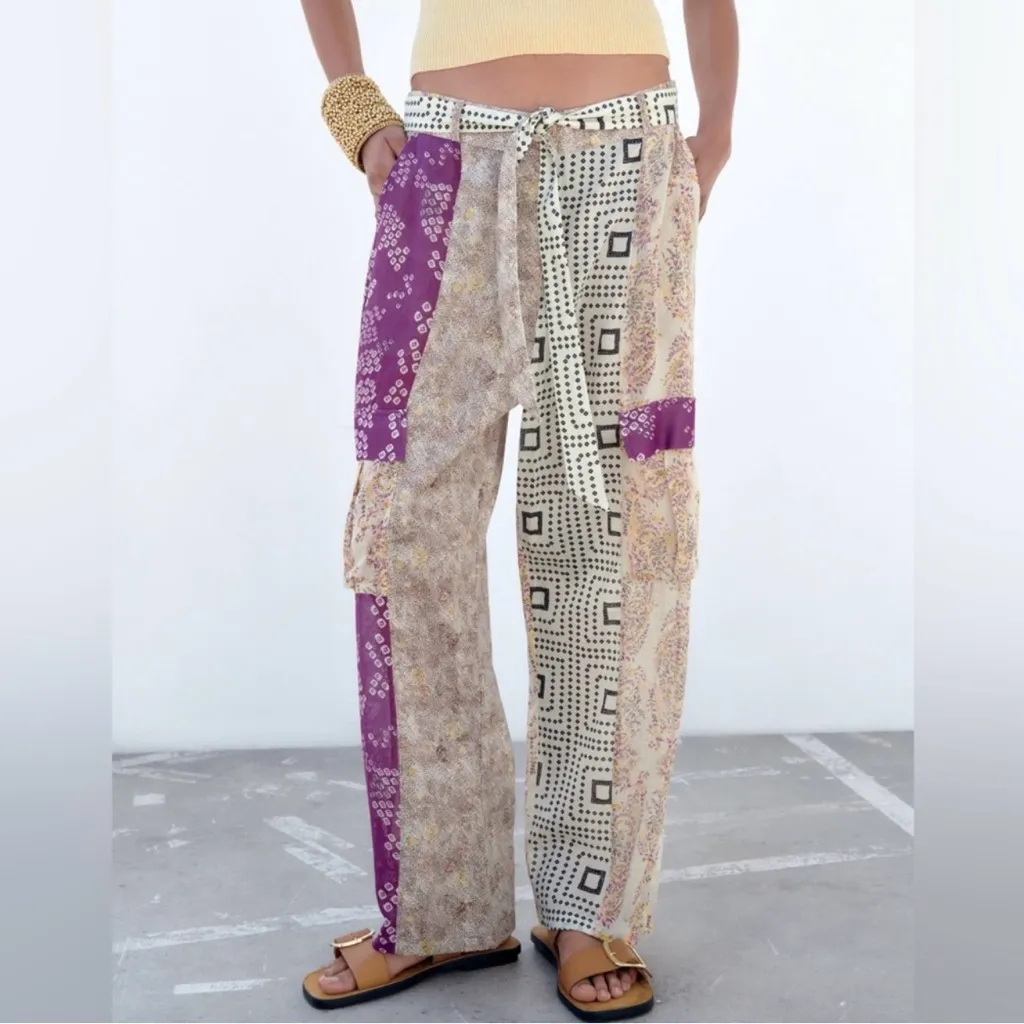 ZARA‎ Patchwork Sheer Lightweight Viscose Cargo Pants Size XS Style 6895/055 - Image 5