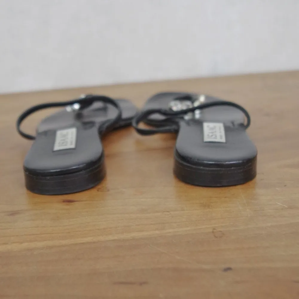 Isaac Mizrahi Italian Made Black Leather  Rhinestone Sandals 6.5M - Image 5