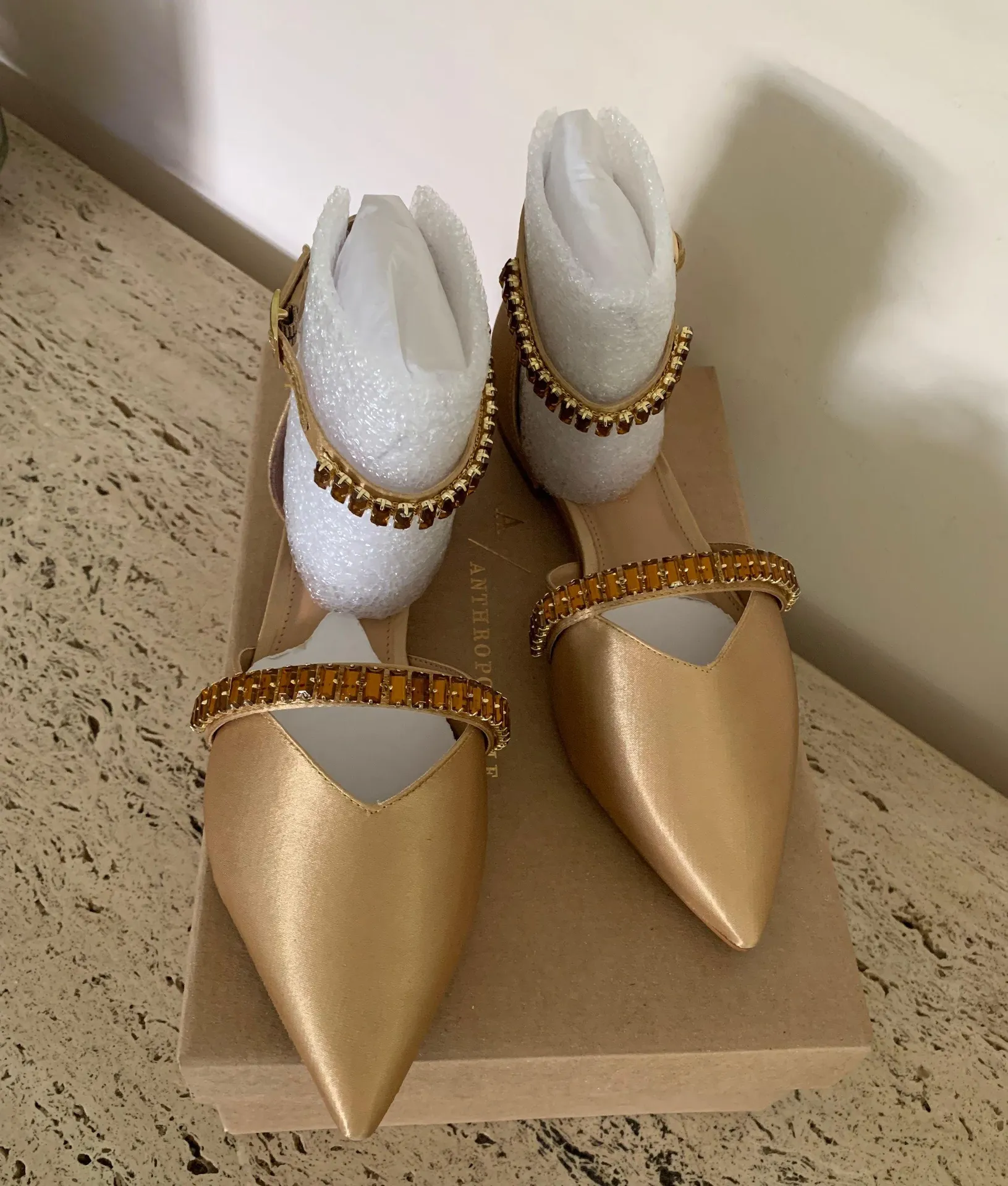 Satin Pointed-Toe Embellished Slingback Flats - Image 10